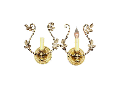 Pair Petit 1910s Cast Brass Wall Sconces with Trailing Vines and Leaves Original Antique Patina #2658