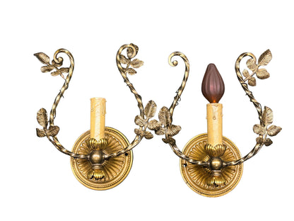 Pair Petit 1910s Cast Brass Wall Sconces with Trailing Vines and Leaves Original Antique Patina #2658