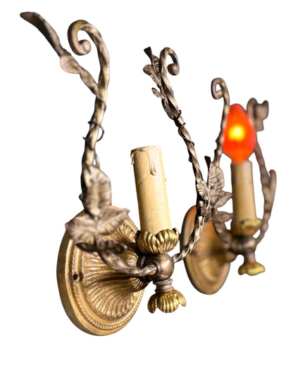Pair Petit 1910s Cast Brass Wall Sconces with Trailing Vines and Leaves Original Antique Patina #2658
