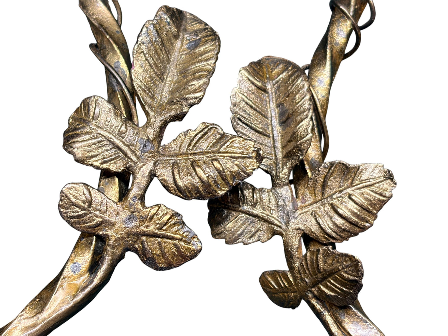 Pair Petit 1910s Cast Brass Wall Sconces with Trailing Vines and Leaves Original Antique Patina #2658