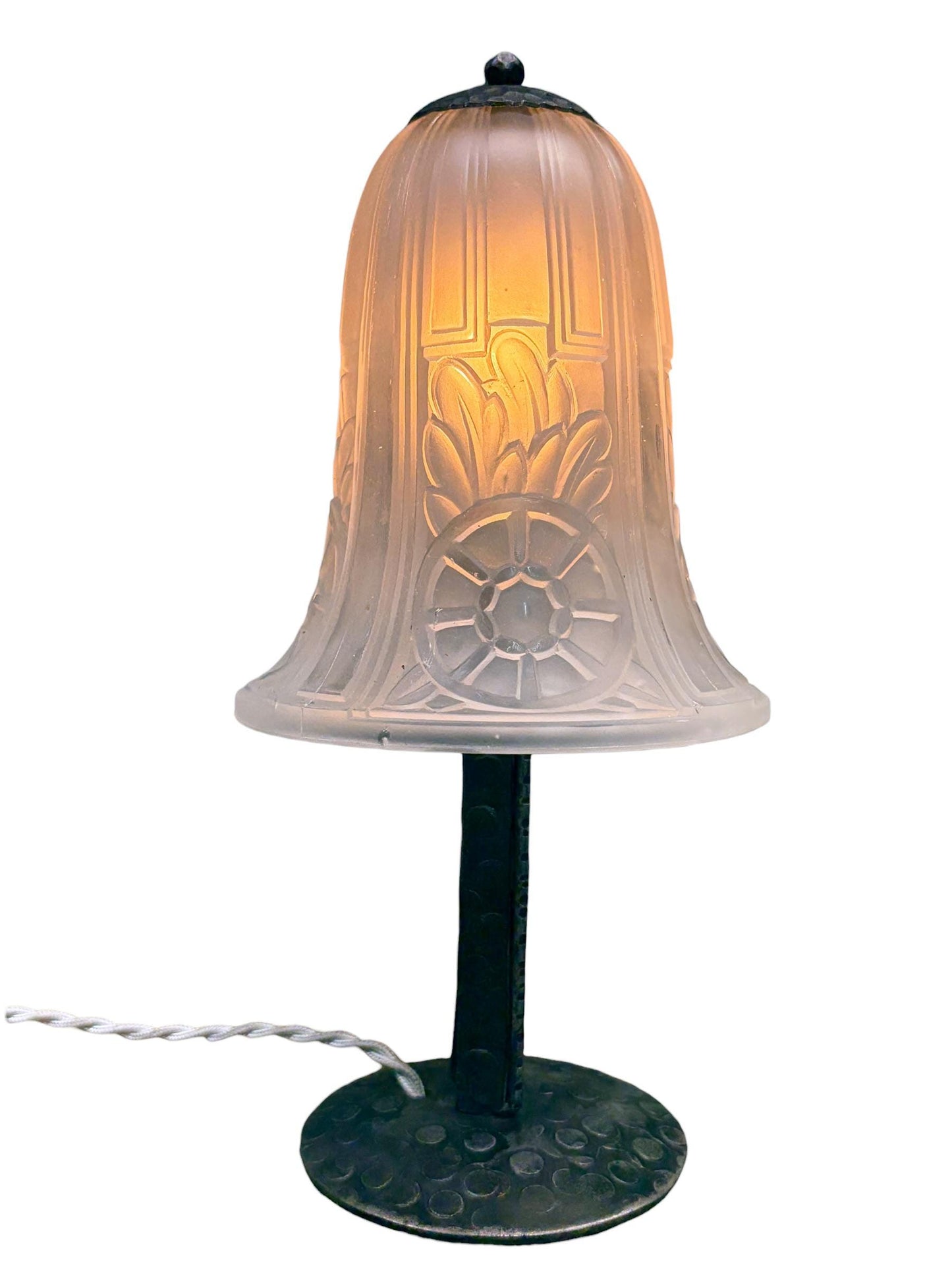 Antique 1920s French Art Deco Accent Lamp Mushroom Shaped with Clear Frosted Glass Shade and Forged Black Iron Base #2659