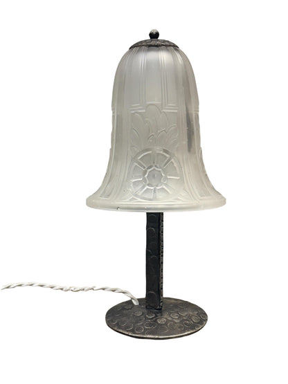 Antique 1920s French Art Deco Accent Lamp Mushroom Shaped with Clear Frosted Glass Shade and Forged Black Iron Base #2659