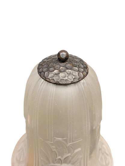 Antique 1920s French Art Deco Accent Lamp Mushroom Shaped with Clear Frosted Glass Shade and Forged Black Iron Base #2659