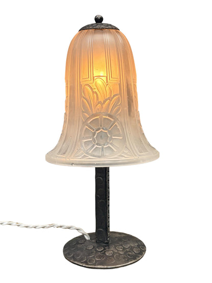 Antique 1920s French Art Deco Accent Lamp Mushroom Shaped with Clear Frosted Glass Shade and Forged Black Iron Base #2659