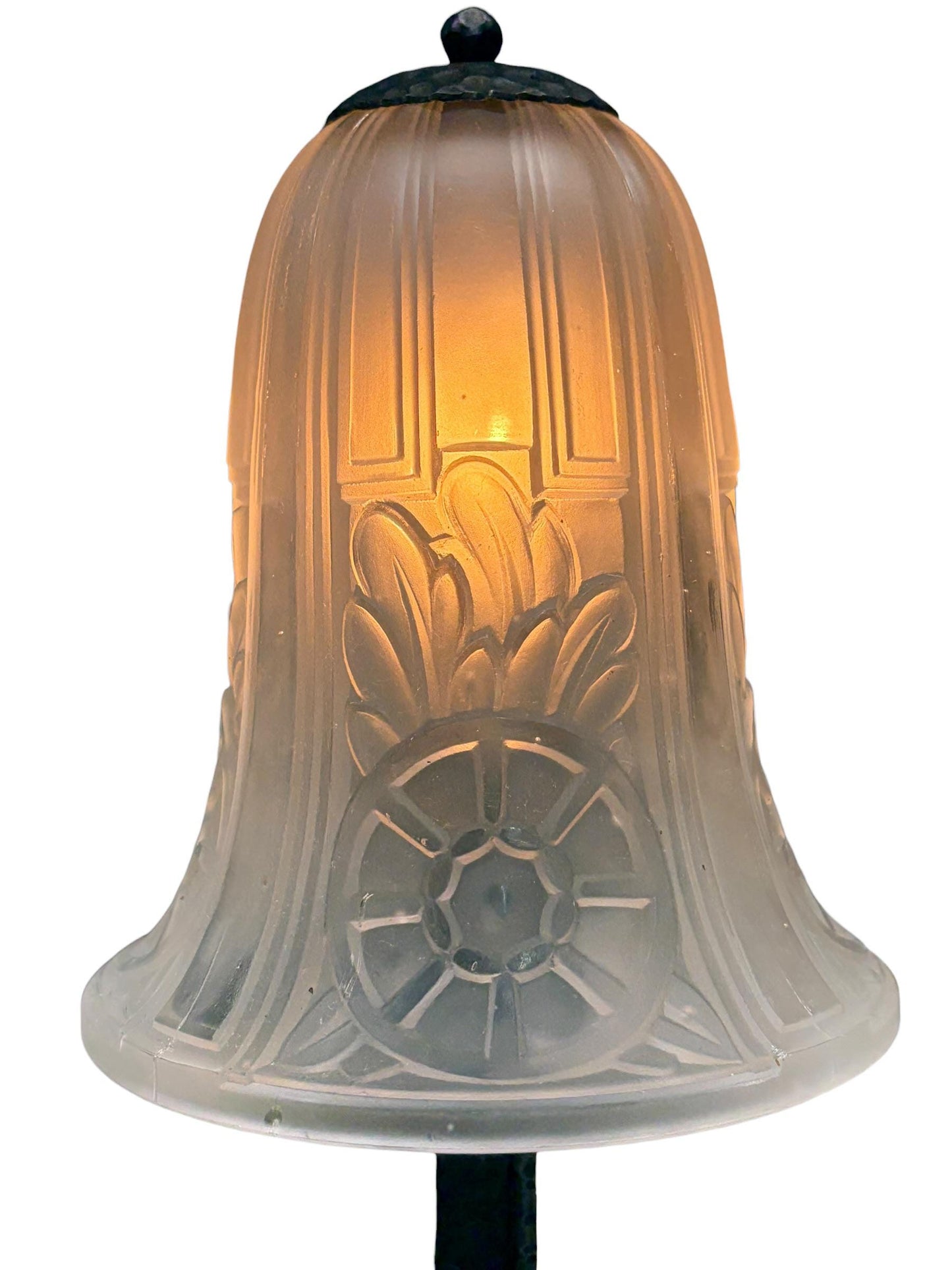Antique 1920s French Art Deco Accent Lamp Mushroom Shaped with Clear Frosted Glass Shade and Forged Black Iron Base #2659