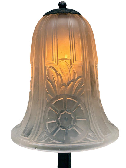 Antique 1920s French Art Deco Accent Lamp Mushroom Shaped with Clear Frosted Glass Shade and Forged Black Iron Base #2659