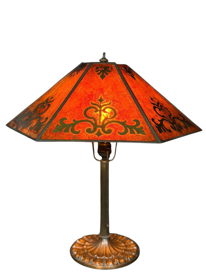 1910s Edward Miller Table Lamp with Original Copper Finish and Antique 1920s Orange and Gold Mica Lamp Shade with Rewired Pullchain #2661
