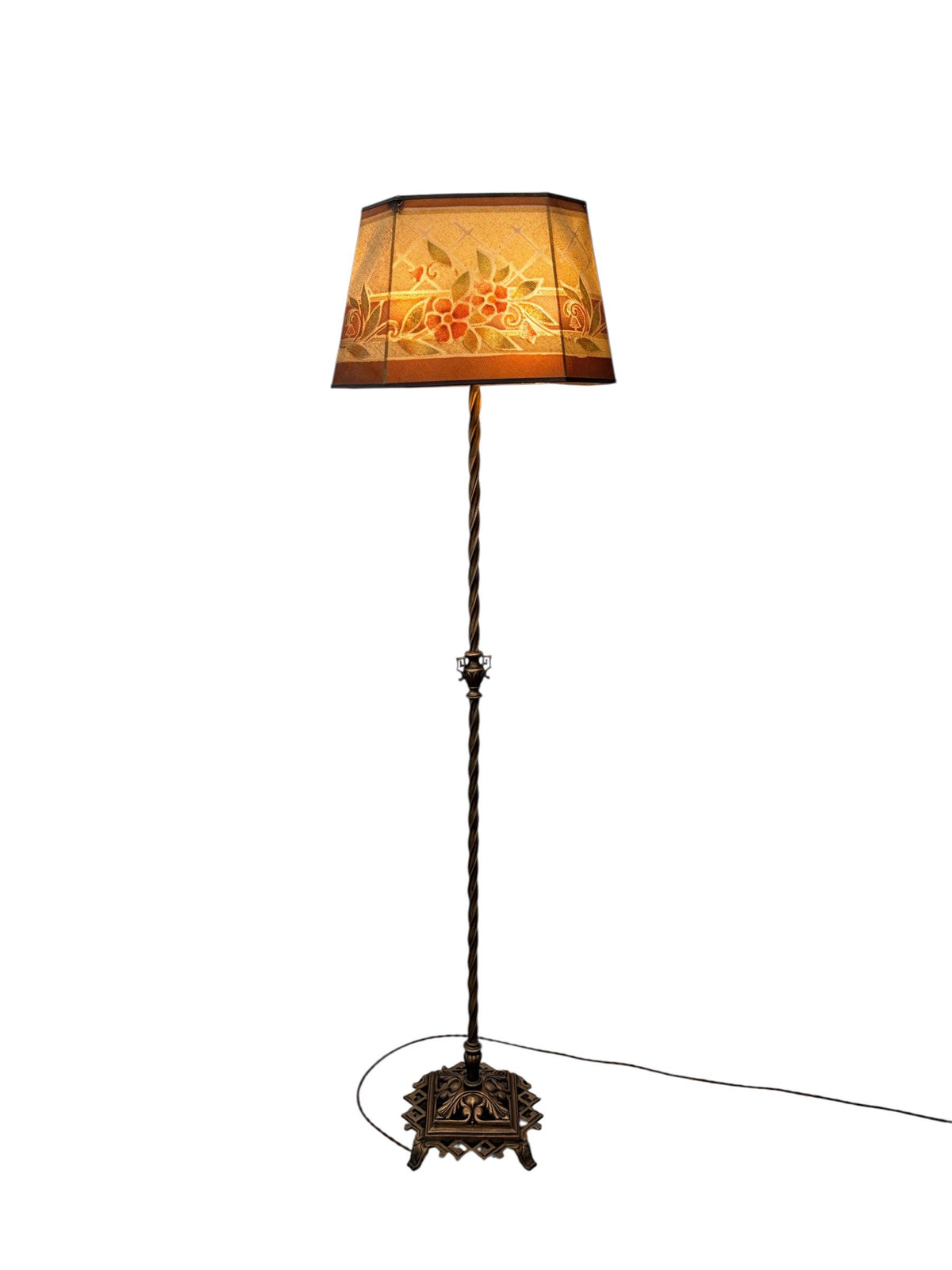 Antique Wire Mesh Rembrandt Style Shade with Painted Stenciled Red Rose and Green Floral Design on 1920s  Painted Gold Floor Lamp #2660