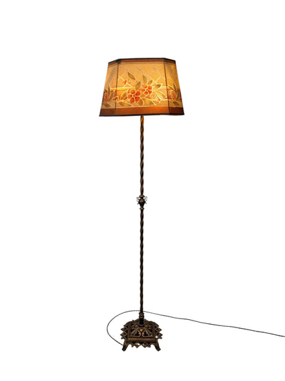 Antique Wire Mesh Rembrandt Style Shade with Painted Stenciled Red Rose and Green Floral Design on 1920s  Painted Gold Floor Lamp #2660