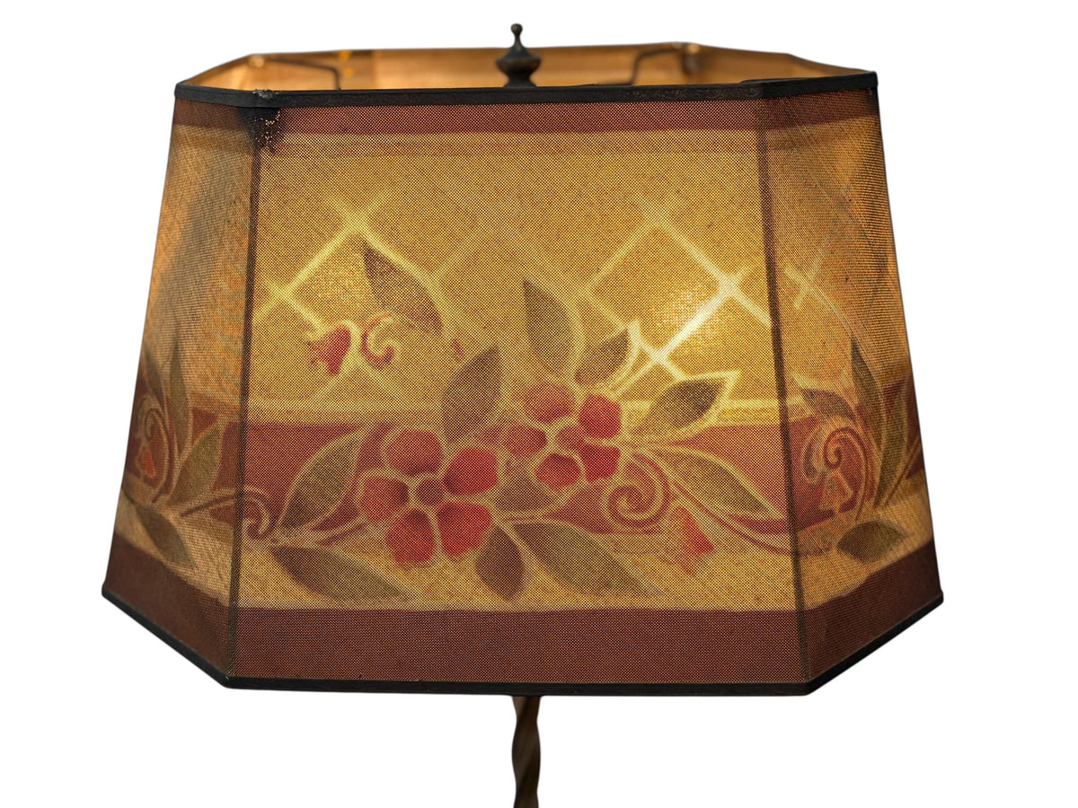 Antique Wire Mesh Rembrandt Style Shade with Painted Stenciled Red Rose and Green Floral Design on 1920s  Painted Gold Floor Lamp #2660