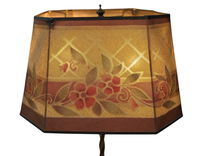 Antique Wire Mesh Rembrandt Style Shade with Painted Stenciled Red Rose and Green Floral Design on 1920s  Painted Gold Floor Lamp #2660