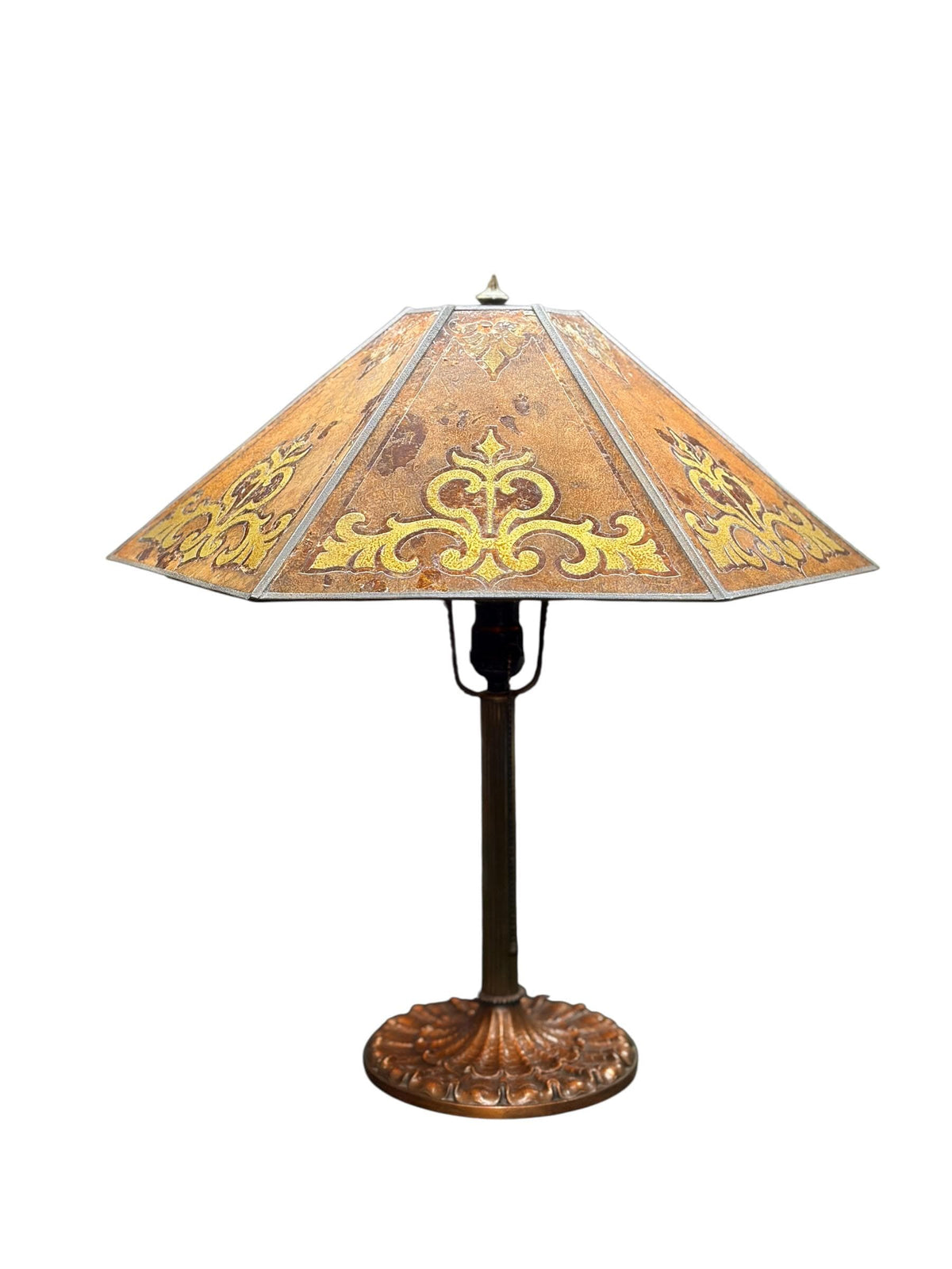 1910s Edward Miller Table Lamp with Original Copper Finish and Antique 1920s Orange and Gold Mica Lamp Shade with Rewired Pullchain #2661