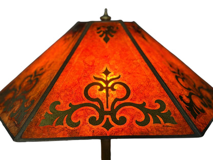 1910s Edward Miller Table Lamp with Original Copper Finish and Antique 1920s Orange and Gold Mica Lamp Shade with Rewired Pullchain #2661