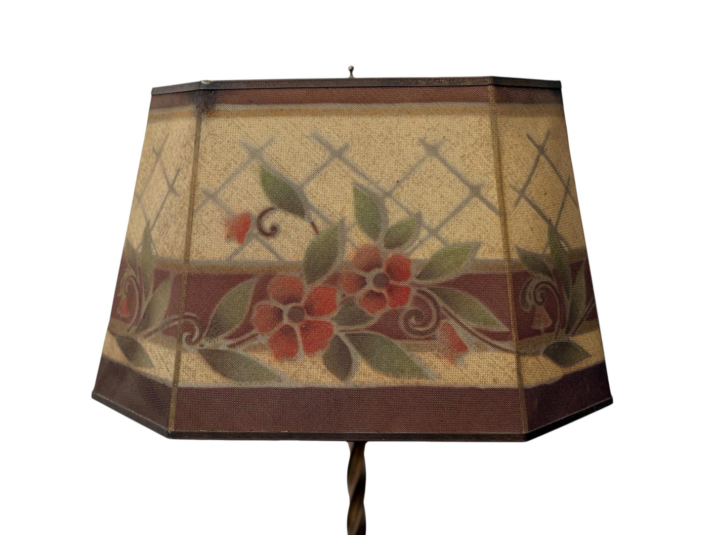Antique Wire Mesh Rembrandt Style Shade with Painted Stenciled Red Rose and Green Floral Design on 1920s  Painted Gold Floor Lamp #2660