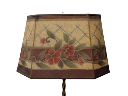 Antique Wire Mesh Rembrandt Style Shade with Painted Stenciled Red Rose and Green Floral Design on 1920s  Painted Gold Floor Lamp #2660