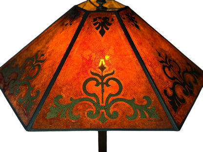 1910s Edward Miller Table Lamp with Original Copper Finish and Antique 1920s Orange and Gold Mica Lamp Shade with Rewired Pullchain #2661