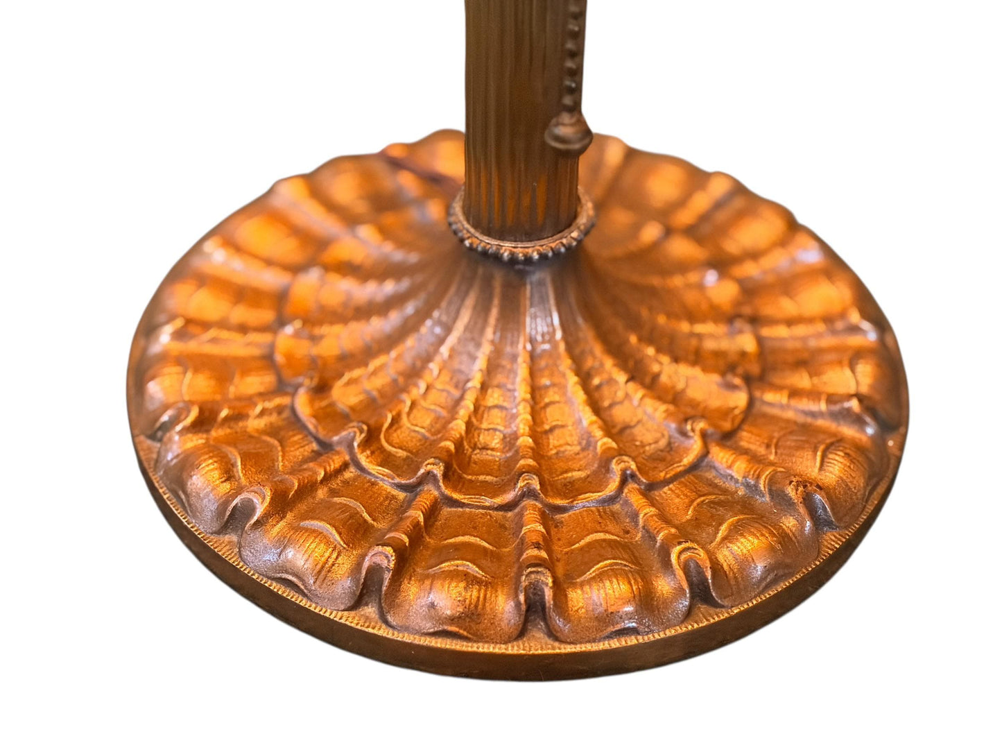 1910s Edward Miller Table Lamp with Original Copper Finish and Antique 1920s Orange and Gold Mica Lamp Shade with Rewired Pullchain #2661