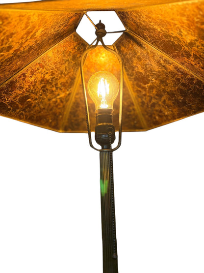 1910s Edward Miller Table Lamp with Original Copper Finish and Antique 1920s Orange and Gold Mica Lamp Shade with Rewired Pullchain #2661