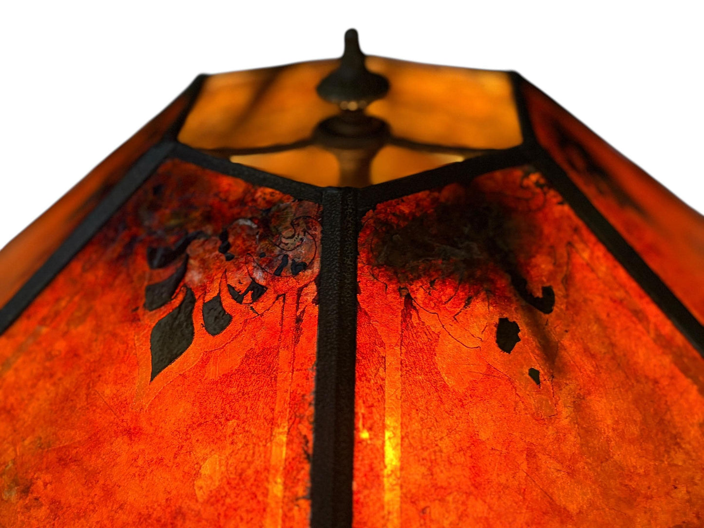 1910s Edward Miller Table Lamp with Original Copper Finish and Antique 1920s Orange and Gold Mica Lamp Shade with Rewired Pullchain #2661