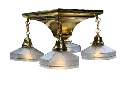Semi Flush Arts and Crafts Light Fixture in Polished and Lacquered Brass with Four Vintage Frosted Octagonal Clear Glass Shades #2663