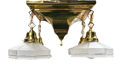 Semi Flush Arts and Crafts Light Fixture in Polished and Lacquered Brass with Four Vintage Frosted Octagonal Clear Glass Shades #2663