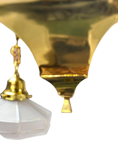 Semi Flush Arts and Crafts Light Fixture in Polished and Lacquered Brass with Four Vintage Frosted Octagonal Clear Glass Shades #2663