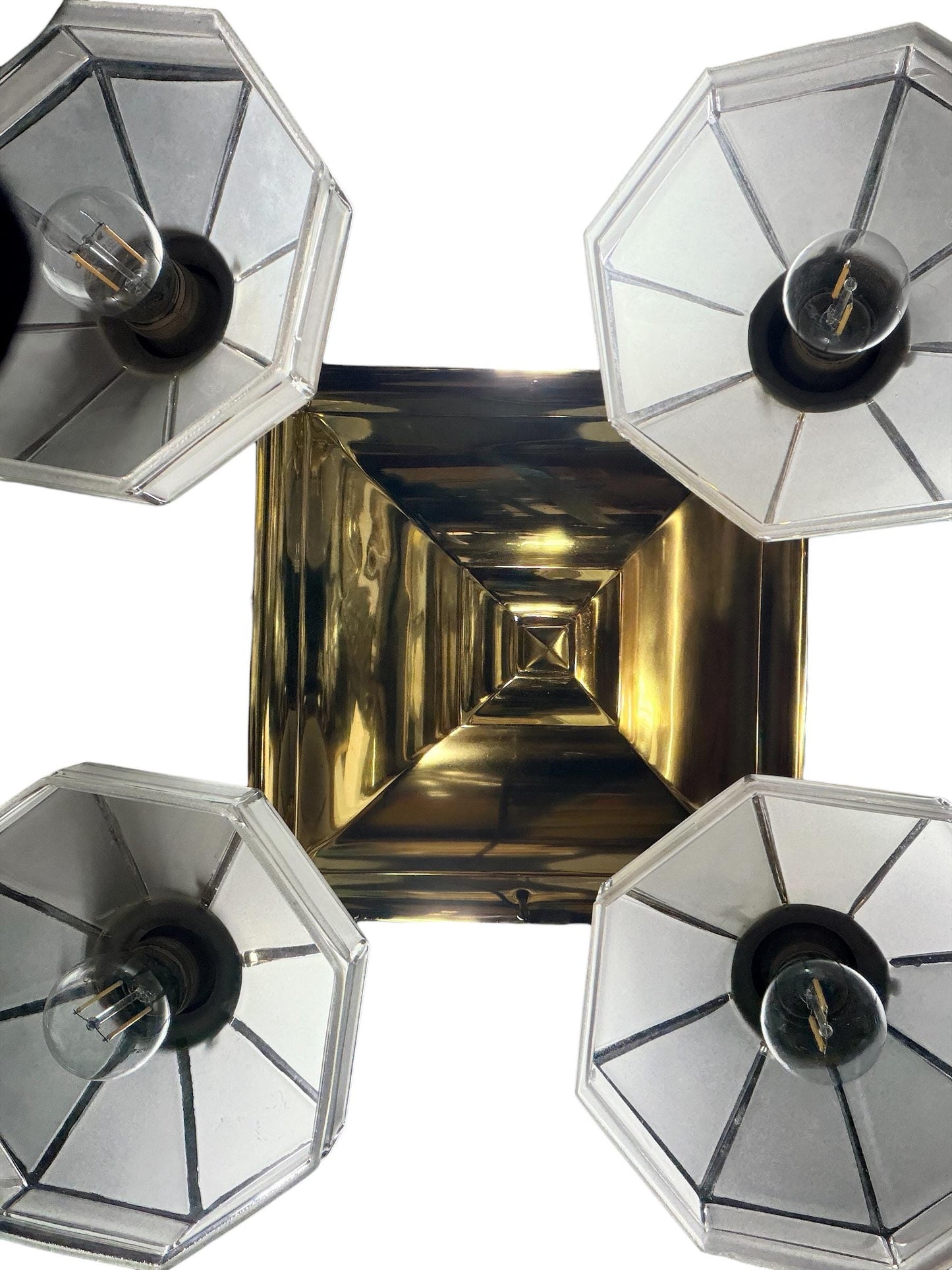 Semi Flush Arts and Crafts Light Fixture in Polished and Lacquered Brass with Four Vintage Frosted Octagonal Clear Glass Shades #2663