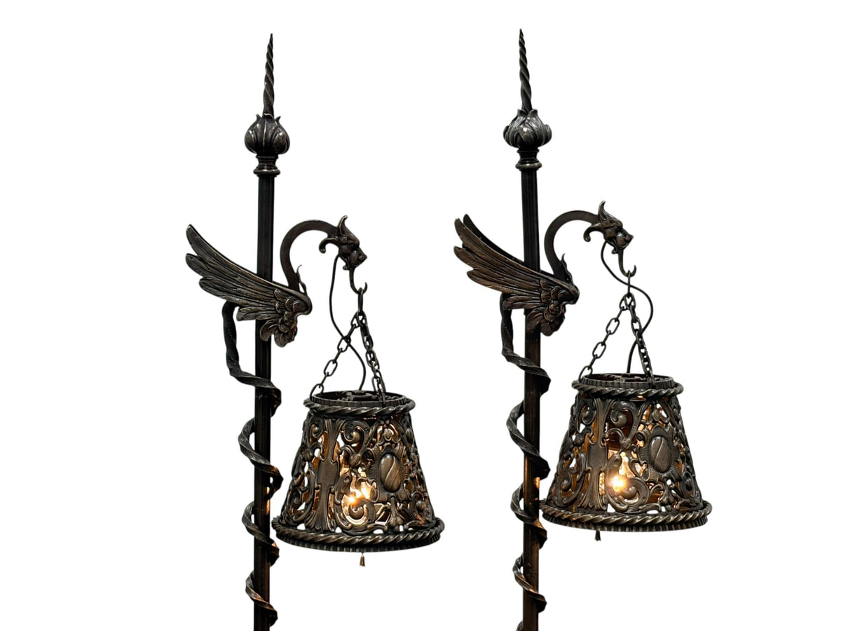 Spectacular Diminutive Size Cast Bronze Davenport Accent Floor Lamps Flying Dragons with Twisted Tails Newly Cleaned Restored Rewired