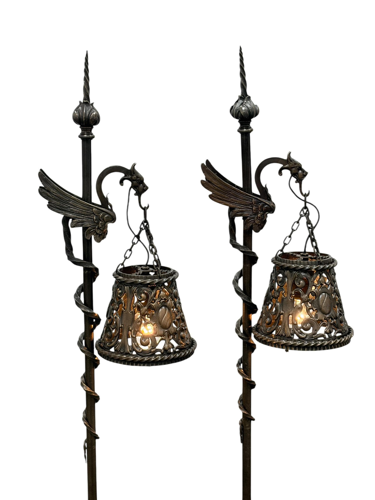 Spectacular Diminutive Size Cast Bronze Davenport Accent Floor Lamps Flying Dragons with Twisted Tails Newly Cleaned Restored Rewired