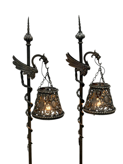 Spectacular Diminutive Size Cast Bronze Davenport Accent Floor Lamps Flying Dragons with Twisted Tails Newly Cleaned Restored Rewired