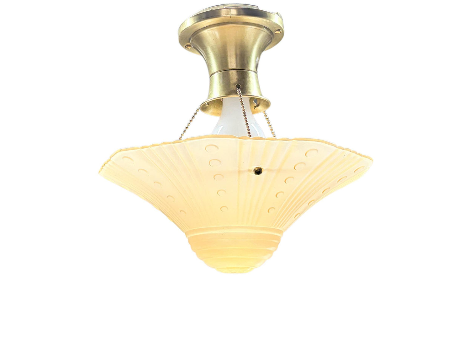 Vintage Three Chain Bowl Light 1920s 1930s Amber Glass Bedroom or Hallway Ceiling Light Restored Brushed Brass and New Wiring #2665