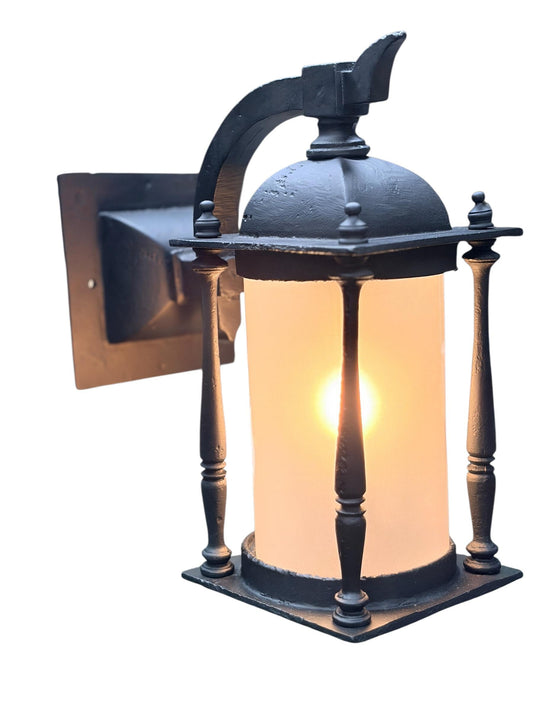 1910s Outdoor Exterior Porch light Wall Sconce in Cast Iron with Frosted Glass Cylinder Shade and Black Enamel Paint Mission Spanish #2668