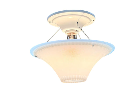 One of Two 1940s Bead Chain Hanging Bowl Lights for a Bedroom or Hallway With Silver Oxide Milk Glass Shade on Metal Fixture New Paint