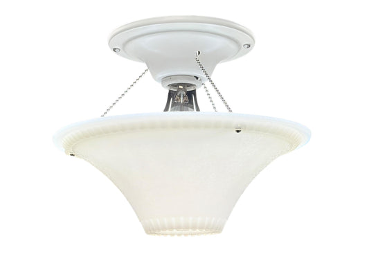 One of Two 1940s Bead Chain Hanging Bowl Lights for a Bedroom or Hallway With Silver Oxide Milk Glass Shade on Metal Fixture New Paint