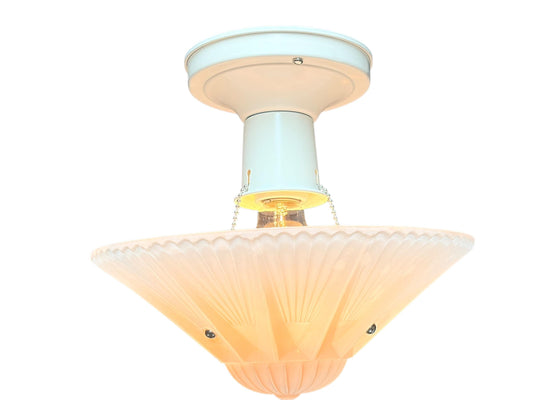 Semi Flush 1930s Ceiling Light with a Pink Glass Bowl with Star Pattern New Wiring Antique White Painted Fixture New Wiring