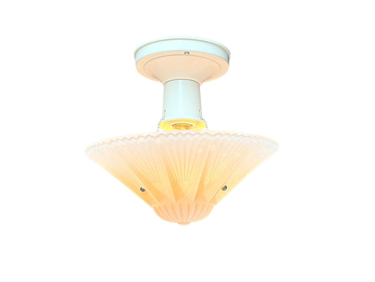Semi Flush 1930s Ceiling Light with a Pink Glass Bowl with Star Pattern New Wiring Antique White Painted Fixture New Wiring