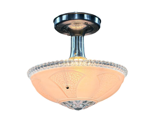1930s Hanging Pink Bowl Semi Flush Light with Polished Aluminum Fixture New Wiring Bedroom Hallway Closet