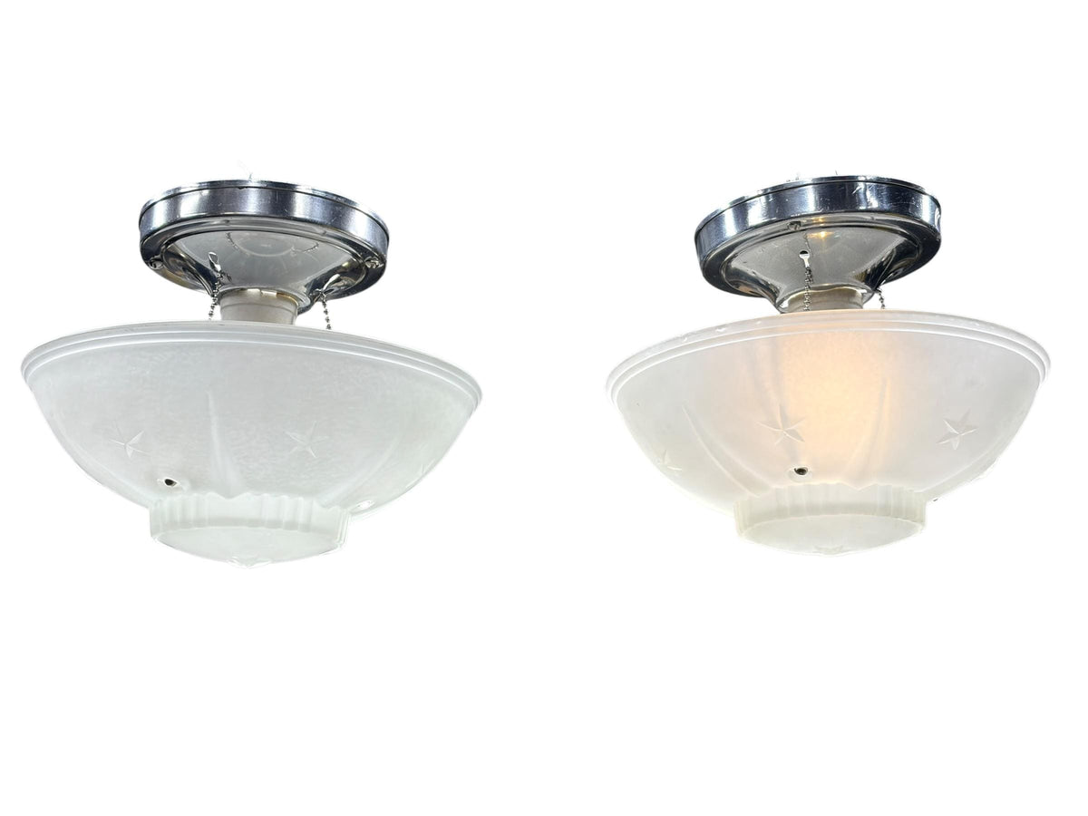 Pair Matching Frosted Glass Bowl Lights  Star Detail 1940s with Polished Aluminum Fixture New Wiring Ready to Install Small Bedroom Hallway