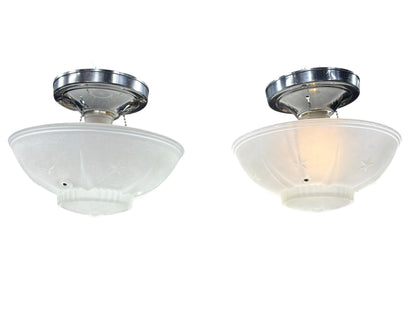Pair Matching Frosted Glass Bowl Lights  Star Detail 1940s with Polished Aluminum Fixture New Wiring Ready to Install Small Bedroom Hallway