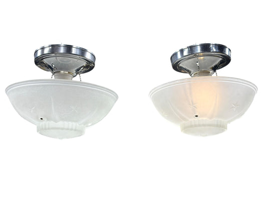 Pair Matching Frosted Glass Bowl Lights  Star Detail 1940s with Polished Aluminum Fixture New Wiring Ready to Install Small Bedroom Hallway
