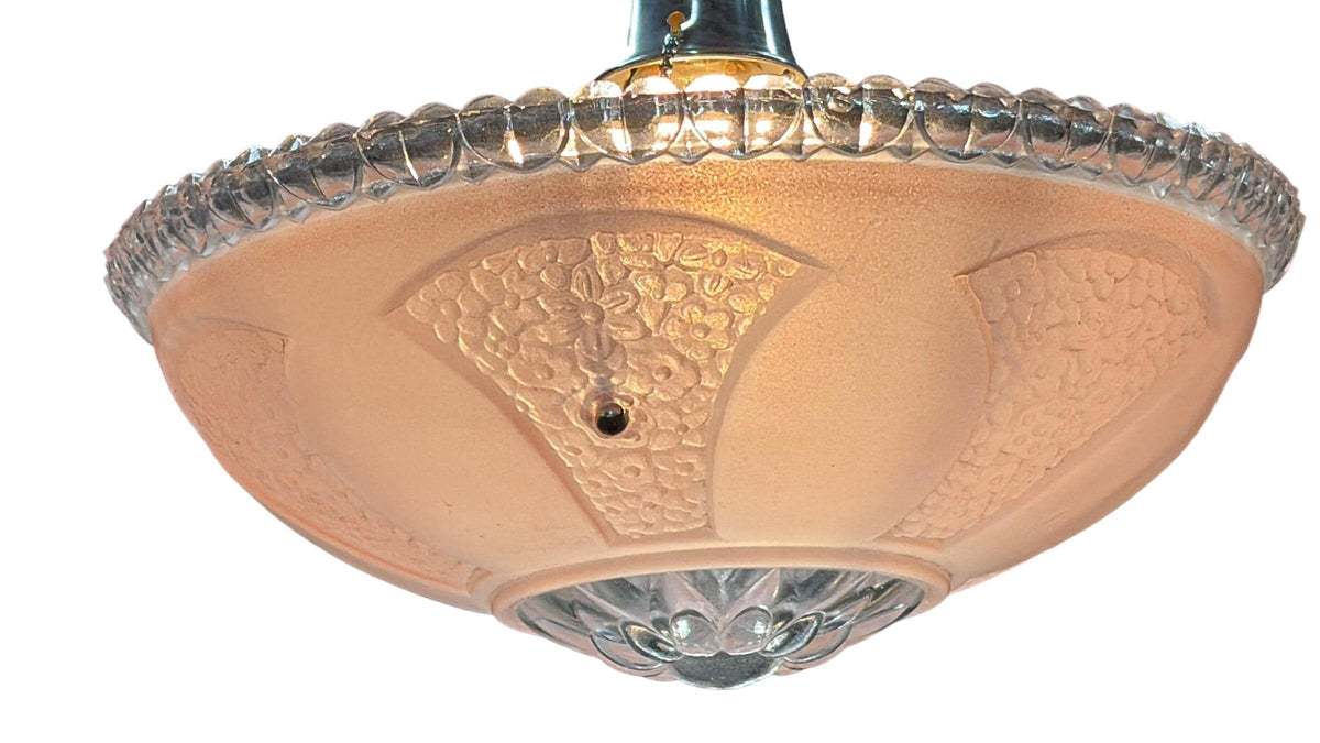 1930s Hanging Pink Bowl Semi Flush Light with Polished Aluminum Fixture New Wiring Bedroom Hallway Closet