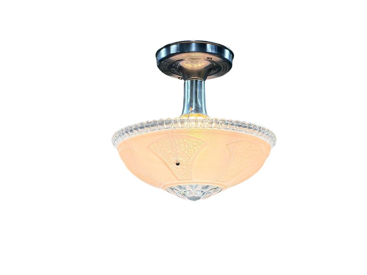 1930s Hanging Pink Bowl Semi Flush Light with Polished Aluminum Fixture New Wiring Bedroom Hallway Closet