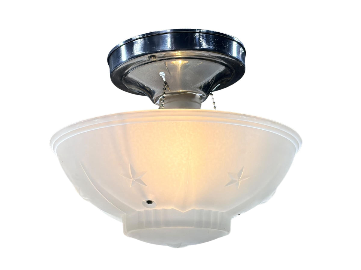 Pair Matching Frosted Glass Bowl Lights  Star Detail 1940s with Polished Aluminum Fixture New Wiring Ready to Install Small Bedroom Hallway