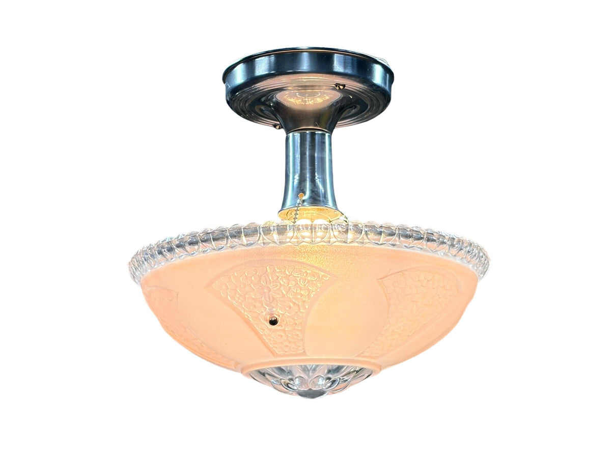 1930s Hanging Pink Bowl Semi Flush Light with Polished Aluminum Fixture New Wiring Bedroom Hallway Closet