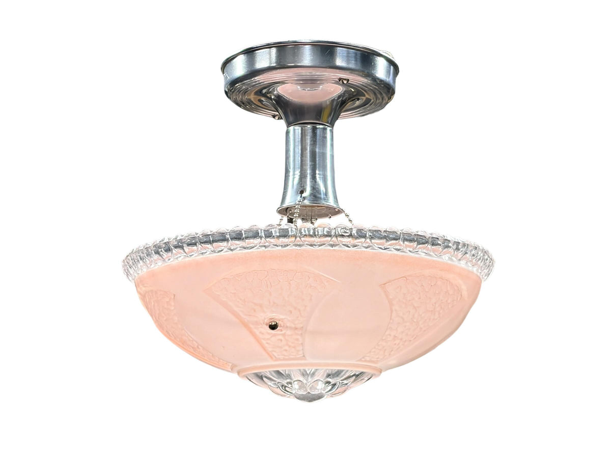 1930s Hanging Pink Bowl Semi Flush Light with Polished Aluminum Fixture New Wiring Bedroom Hallway Closet