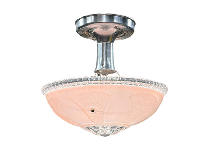 1930s Hanging Pink Bowl Semi Flush Light with Polished Aluminum Fixture New Wiring Bedroom Hallway Closet