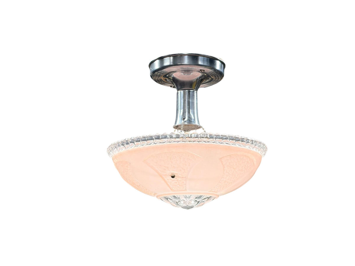 1930s Hanging Pink Bowl Semi Flush Light with Polished Aluminum Fixture New Wiring Bedroom Hallway Closet