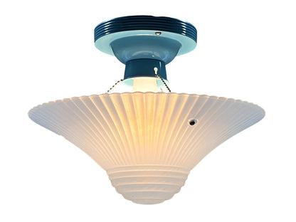 Blue Bead Chain Semi Flush Bowl Light with Painted Blue Fixture New Wiring Nickel Chains Art Deco Bedroom Hallway Walk in Closet Light