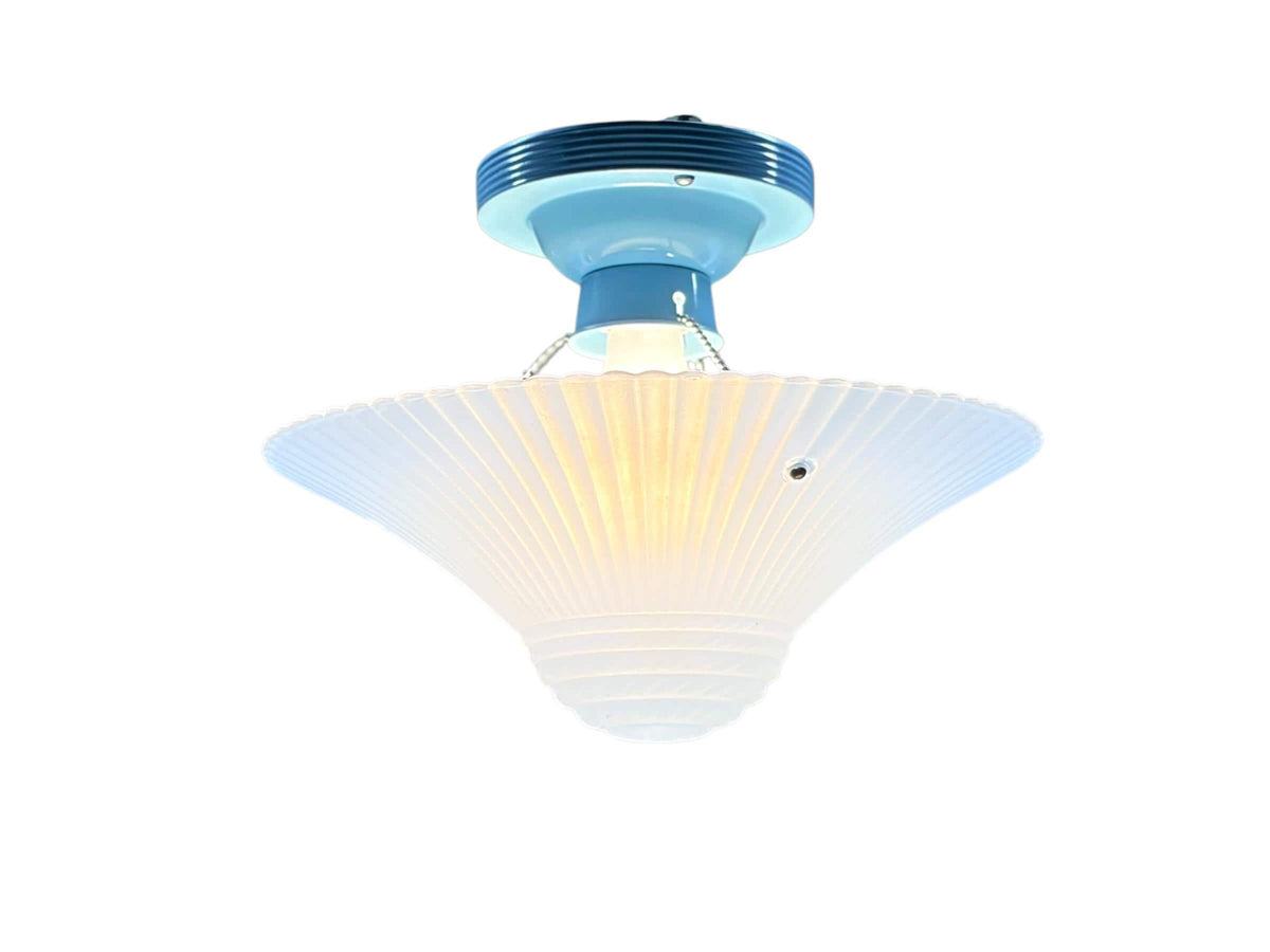 Blue Bead Chain Semi Flush Bowl Light with Painted Blue Fixture New Wiring Nickel Chains Art Deco Bedroom Hallway Walk in Closet Light