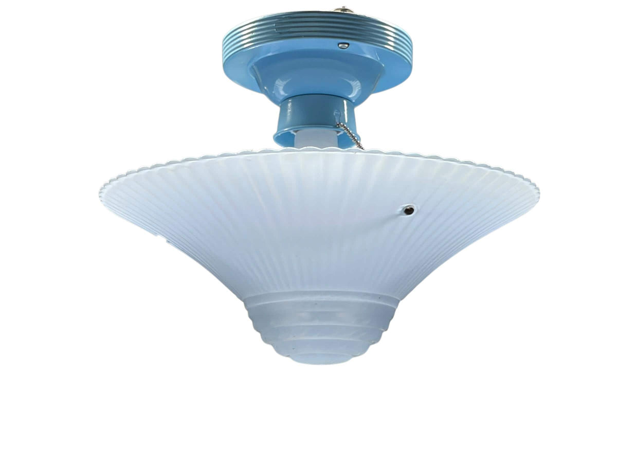 Blue Bead Chain Semi Flush Bowl Light with Painted Blue Fixture New Wiring Nickel Chains Art Deco Bedroom Hallway Walk in Closet Light